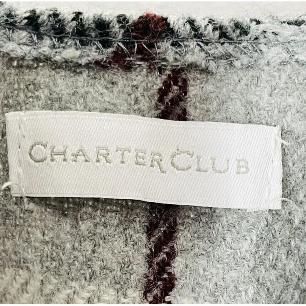 Charter Club Womens Knit Poncho One Size OS Gray Plaid Fringe Buckle Relaxed - Picture 5 of 7